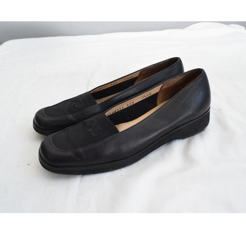Salvatore Ferragamo Loafers 7.5 3A Black Leather Gancini Logo Wedge Womens Italy